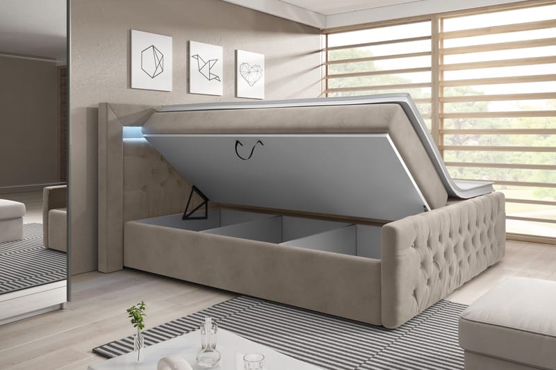 Komplett Sängpaket Celio 140x200 - Beige|Sammet - Säng med förvaring - Komplett sängpaket