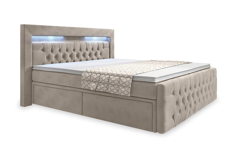 Komplett Sängpaket Celio 140x200 LED-belysning - Beige/Sammet - Säng med förvaring - Komplett sängpaket