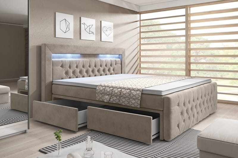 Komplett Sängpaket Celio 140x200 LED-belysning - Beige/Sammet - Möbler - Säng - Säng med förvaring