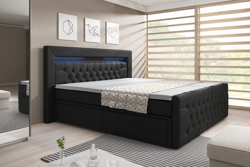 Komplett Sängpaket Celio 160x200 LED-belysning - Svart|Konstläder - Säng med förvaring - Komplett sängpaket