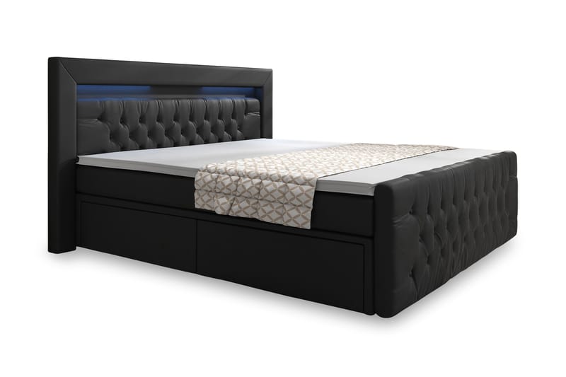 Komplett Sängpaket Celio 160x200 LED-belysning - Svart|Konstläder - Säng med förvaring - Komplett sängpaket