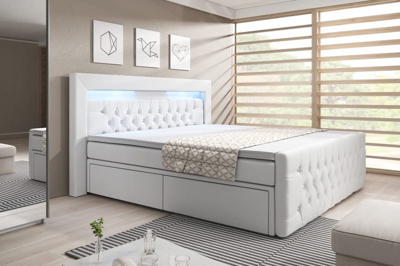Komplett Sängpaket Celio 180x200 LED-belysning - Vit|Konstläder - Säng med förvaring - Komplett sängpaket