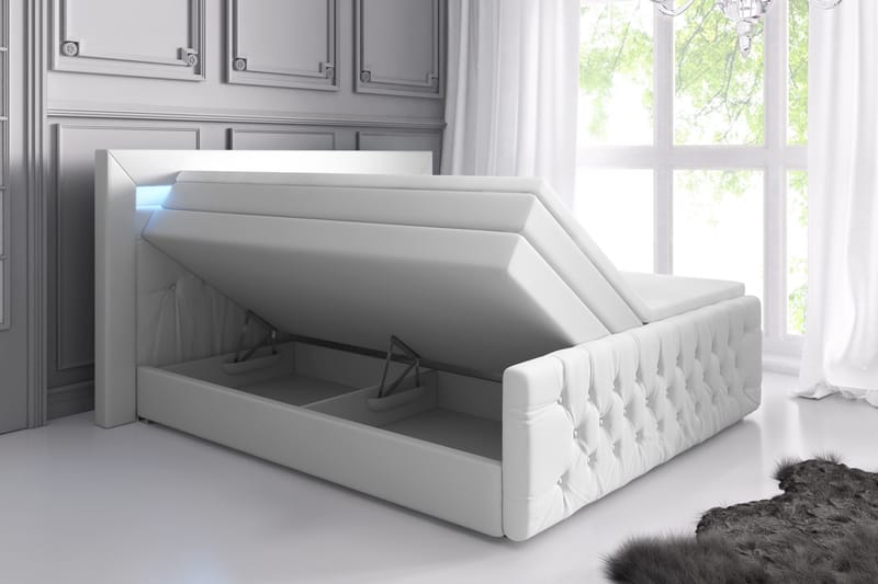 Komplett Sängpaket Celio Lyx 180x200 LED-belysning - Vit|Konstläder - Säng med förvaring - Komplett sängpaket