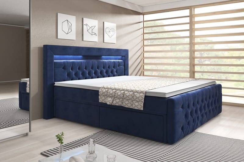 Komplett Sängpaket Celio med Förvaring 140x200 cm - Mörkblå|Sammet - Säng med förvaring - Komplett sängpaket