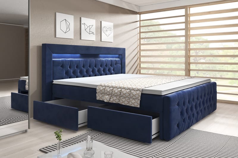 Komplett Sängpaket Celio med Förvaring 160x200 cm - Mörkblå|Sammet - Säng med förvaring - Komplett sängpaket