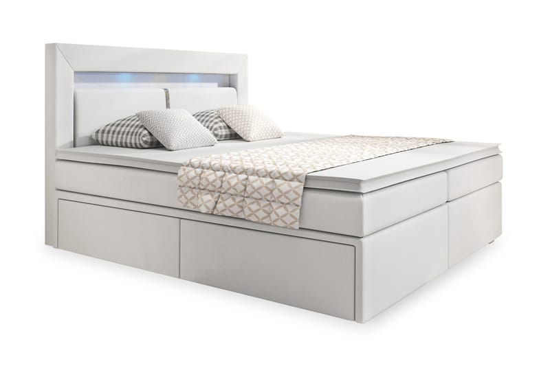 Komplett Sängpaket Pisa 140x200 med Förvaring LED-belysning - Vit|Konstläder - Säng med förvaring - Komplett sängpaket