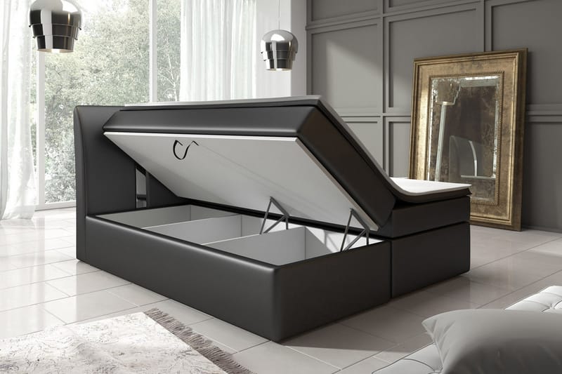 Komplett Sängpaket Pisa 140x200 med Förvaring+LED Sänggavel - Svart - Säng med förvaring - Komplett sängpaket