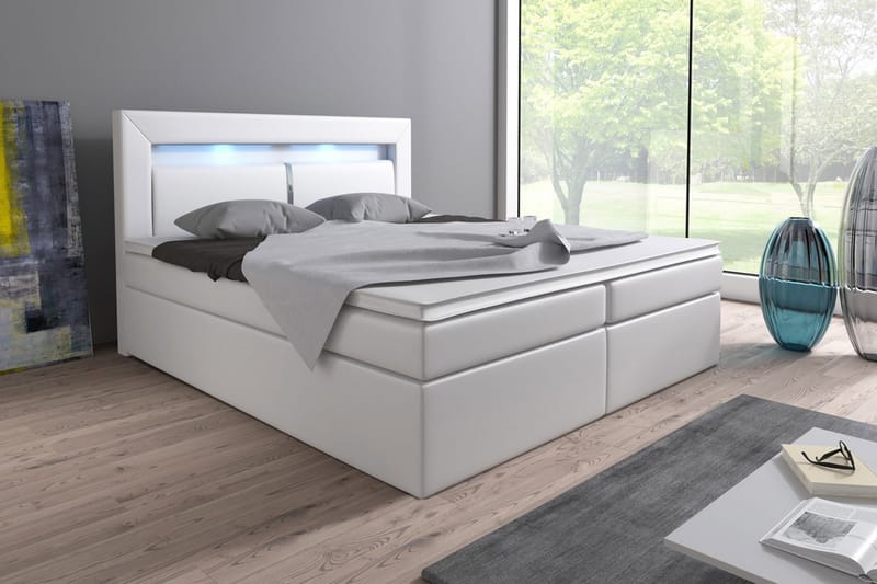Komplett Sängpaket Pisa 140x200 med Förvaring+LED Sänggavel - Vit - Säng med förvaring - Komplett sängpaket