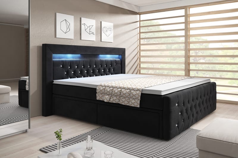 Kontinentalsäng Celio 140x200 LED-belysning - Komplett sängpaket - Säng med förvaring