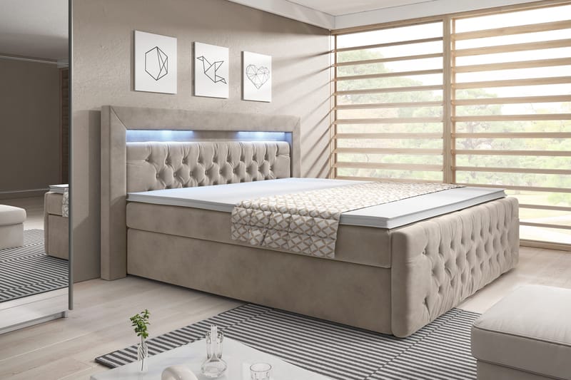 Kontinentalsäng Celio 180x200 LED-belysning - Beige|Sammet - Möbler - Säng - Säng med förvaring