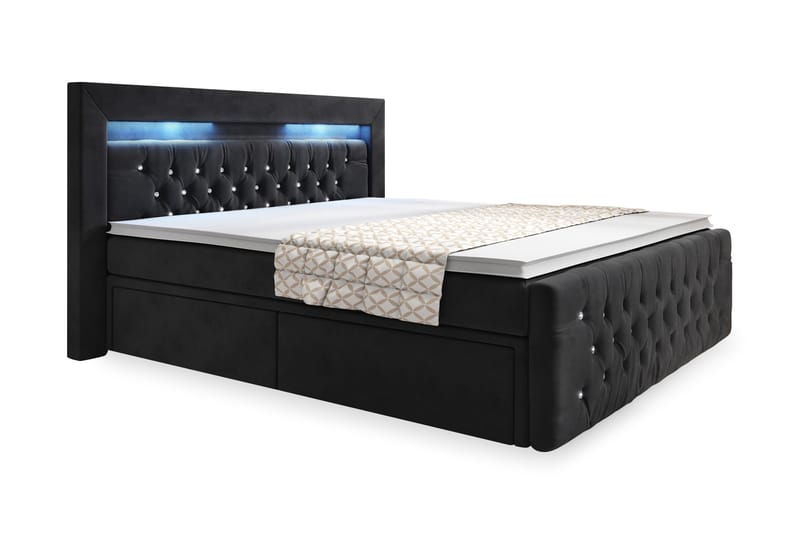Kontinentalsäng Celio 180x200 LED-belysning - Svart|Sammet - Komplett sängpaket - Säng med förvaring