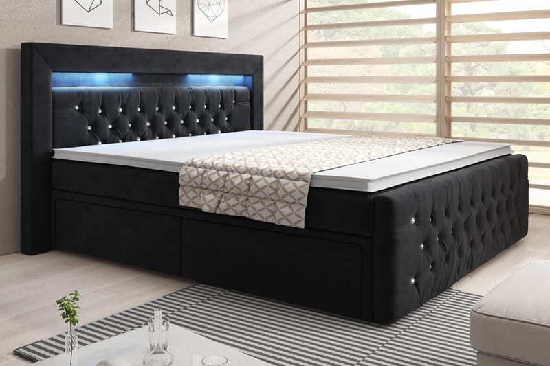 Kontinentalsäng Celio 180x200 LED-belysning - Svart|Sammet - Möbler - Säng - Säng med förvaring