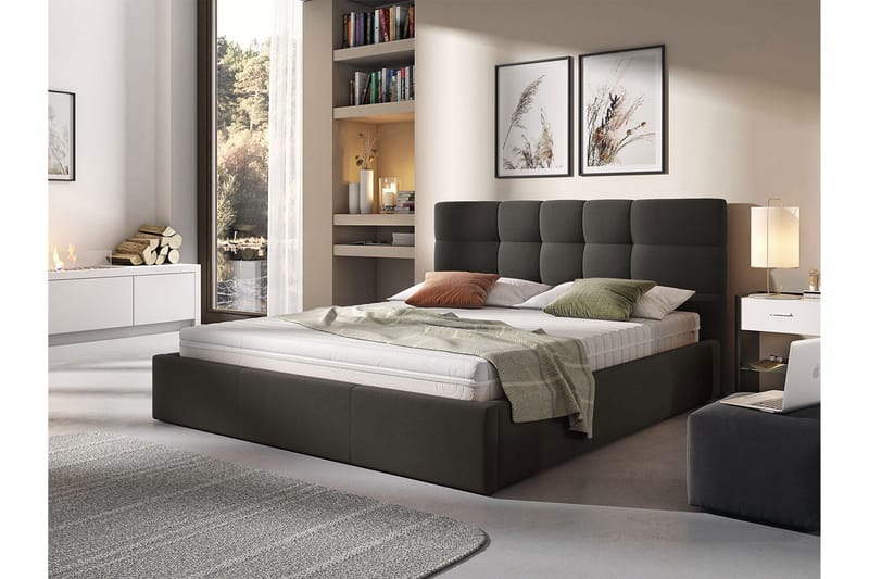 Nieres Komplett Sängpaket 160x200 cm i Tyg med Förvaring och Sänggavel + Bäddmadrass - Antracit - Möbler - Säng - Säng med förvaring