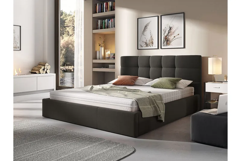 Nieres Komplett Sängpaket 160x200 cm i Tyg med Förvaring och Sänggavel + Bäddmadrass - Antracit - Möbler - Säng - Säng med förvaring