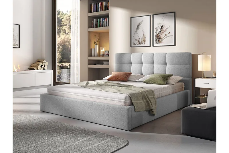 Nieres Sängpaket 160x200 cm i Tyg med Förvaring, Sänggavel + Bäddmadrass - Grå - Möbler - Säng - Säng med förvaring
