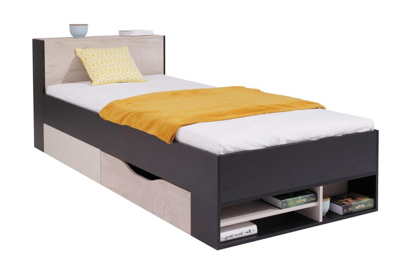 Säng Betulia 94x224 cm - Svart/Natur/Beige - Säng med förvaring - Enkelsäng med förvaring