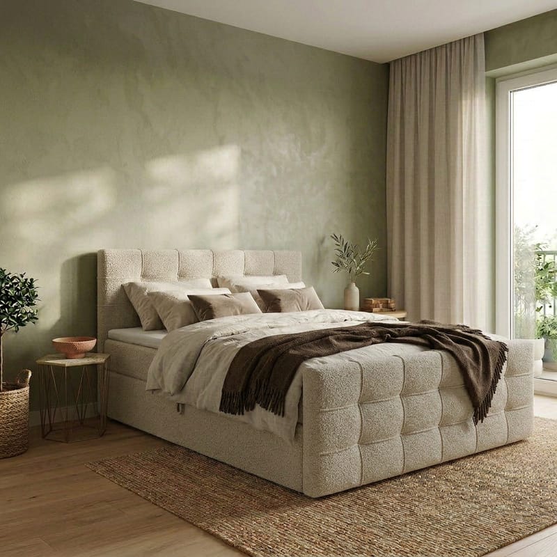 Sängpaket Kontinentalsäng Elvros 160x200 cm med Lyftförvaring - Krämfärgad écru / ljusbeige - Möbler - Säng - Kontinentalsäng