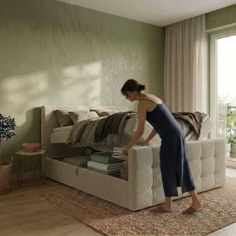 Sängpaket Kontinentalsäng Elvros 160x200 cm med Lyftförvaring - Krämfärgad écru / ljusbeige - Möbler - Säng - Kontinentalsäng