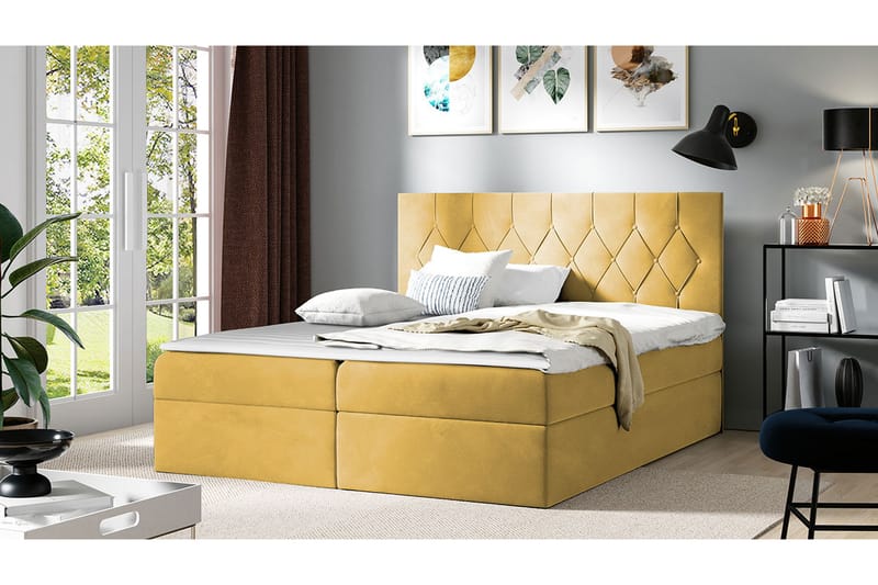 Sängpaket Kontinentalsäng Kanwar 140x200 cm med Förvaring - Gul - Säng med förvaring - Komplett sängpaket