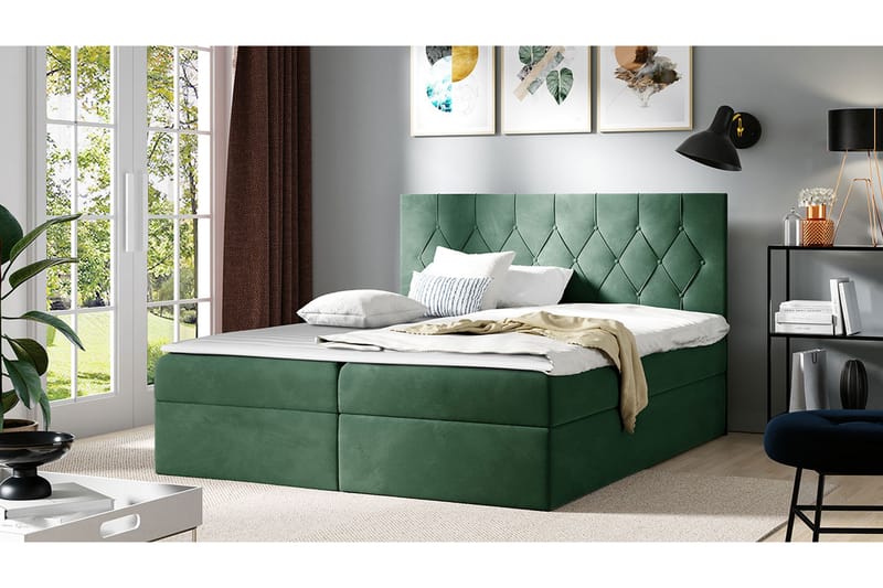 Sängpaket Kontinentalsäng Kanwar 160x200 cm med Förvaring - Grön - Säng med förvaring - Komplett sängpaket