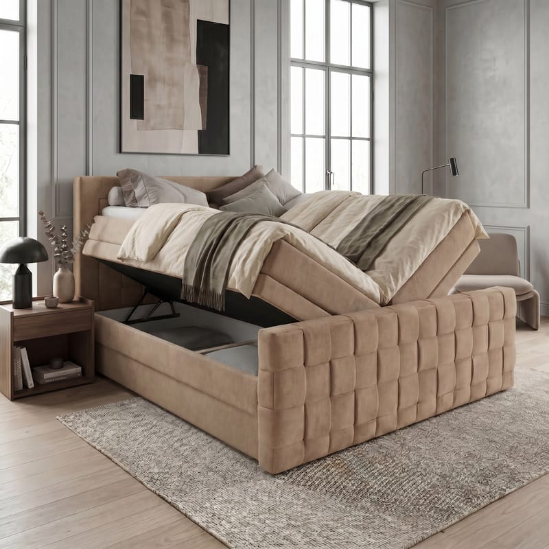 Sängpaket Kontinentalsäng Ryven 140x200 cm med Lyftförvaring - kamelfärgad/karamell/guldbeige - Möbler - Säng - Kontinentalsäng