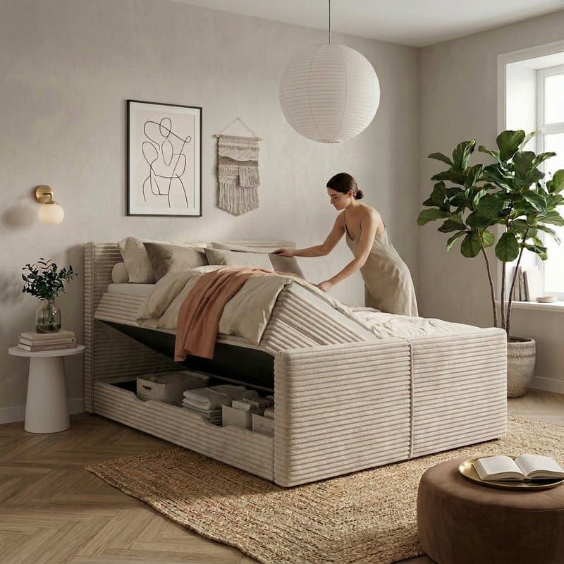 Sängpaket Kontinentalsäng Sorvin 140x200 cm med Lyftförvaring - Gräddvit / écru / elfenben - Möbler - Säng - Kontinentalsäng