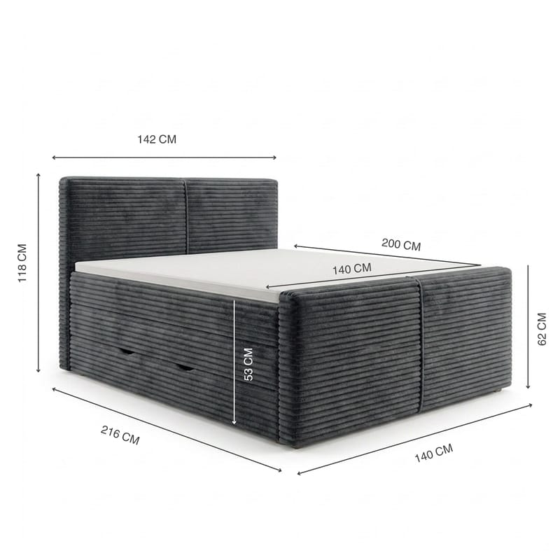 Sängpaket Kontinentalsäng Sorvin 140x200 cm med Lyftförvaring - Grafitgrå/Mörkgrå - Möbler - Säng - Kontinentalsäng