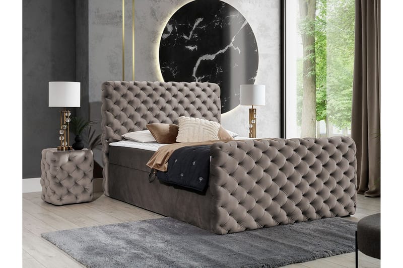 Almancil Komplett Sängpaket 140x200 cm med Sänggavel + Bäddmadrass med Fasthetsgrad Medium - Taupe - Möbler - Säng - Sängram & sängstomme