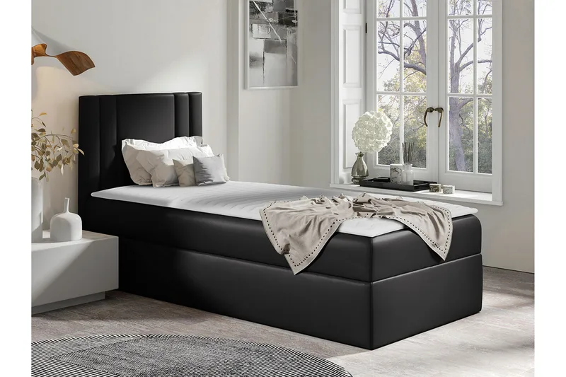 Betvallen Komplett Sängpaket med Förvaring 90x200 cm med Sänggavel + Bäddmadrass - Svart - Möbler - Säng - Sängram & sängstomme