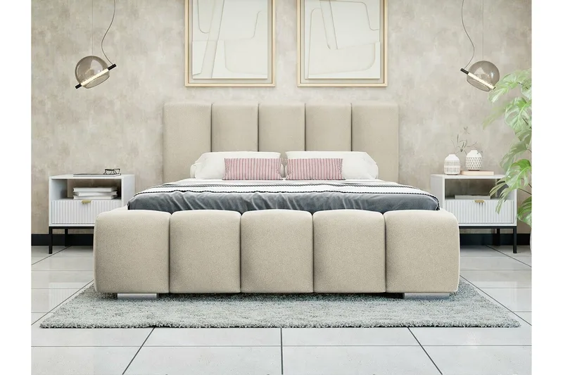 Cleaton Komplett Sängpaket 140x200 cm med Förvaring och Sänggavel + Bäddmadrass - Beige - Möbler - Säng - Sängram & sängstomme