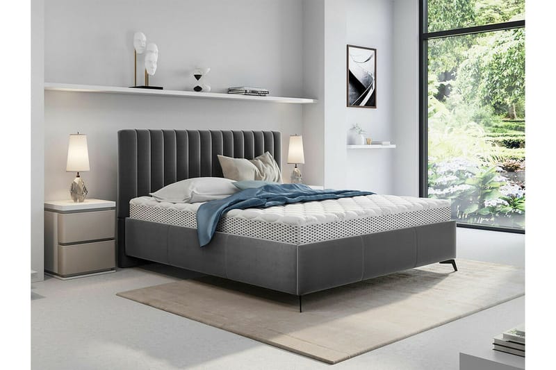 Derry Komplett Sängpaket 180x200 cm i Sammet med Förvaring och Sänggavel + Bäddmadrass - Grå - Möbler - Säng - Sängram & sängstomme