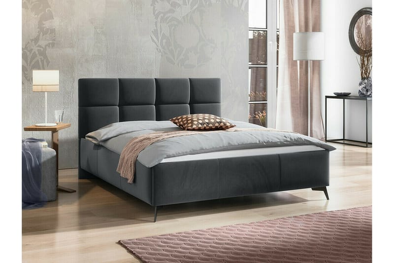 Derry Komplett Sängpaket 180x200 cm i Sammet med Förvaring och Sänggavel + Bäddmadrass - Grå - Möbler - Säng - Sängram & sängstomme
