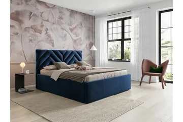 Derry Komplett Sängpaket med Förvaring 160x200 cm i Sammet med Sänggavel + Bäddmadrass - Blå - Möbler - Säng - Sängram & sängstomme