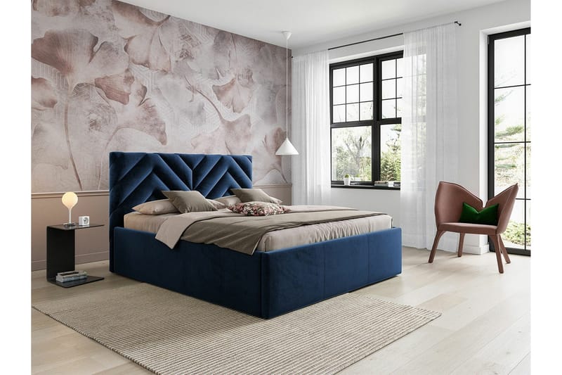 Derry Komplett Sängpaket med Förvaring 160x200 cm i Sammet med Sänggavel + Bäddmadrass - Blå - Möbler - Säng - Sängram & sängstomme