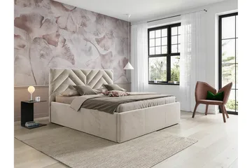 Derry Sängram med Förvaring 160x200 cm i Sammet med Sänggavel - Beige - Möbler - Säng - Sängram & sängstomme