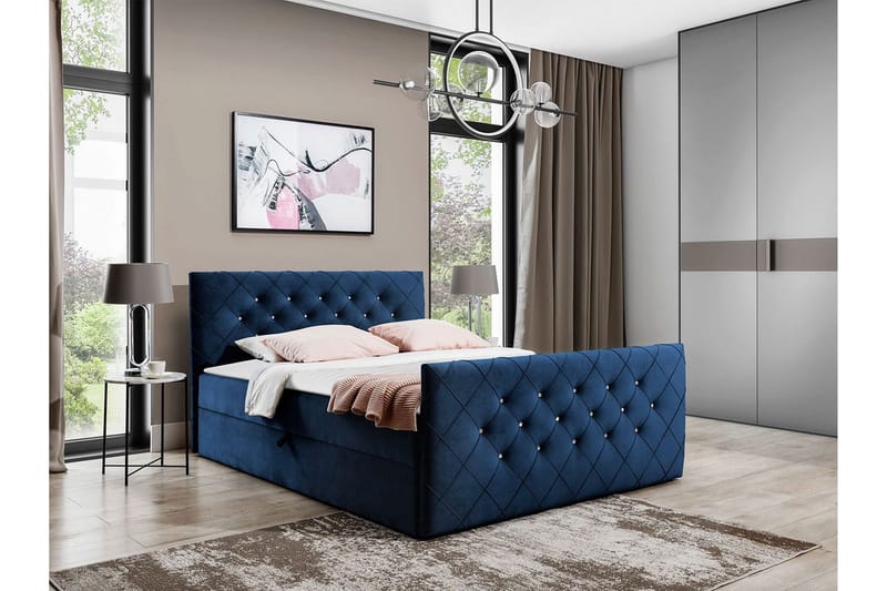 Hattie Komplett Sängpaket 140x200 cm i Sammet med Förvaring + Sänggavel + Bäddmadrass - Blå - Möbler - Säng - Sängram & sängstomme