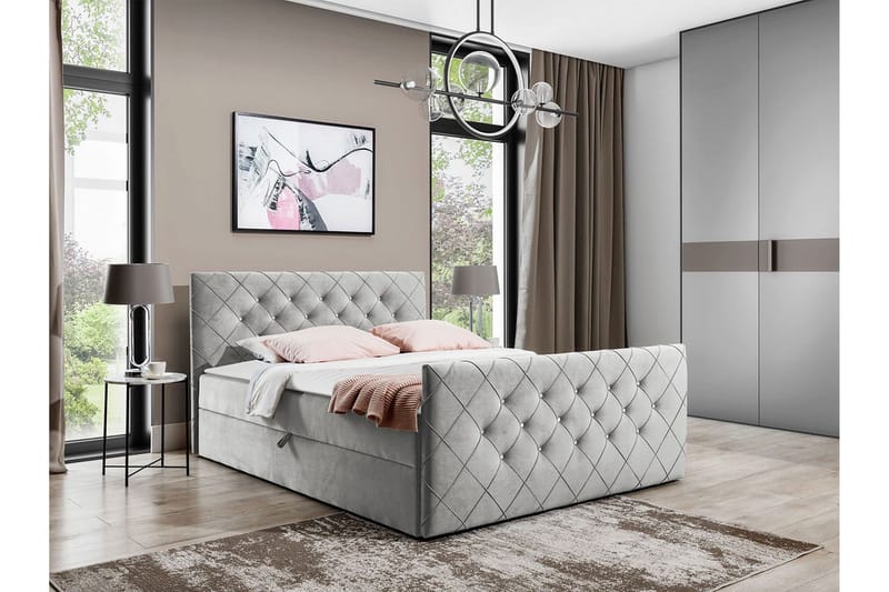 Hattie Komplett Sängpaket 140x200 cm i Sammet med Förvaring + Sänggavel + Bäddmadrass - Grå - Möbler - Säng - Sängram & sängstomme