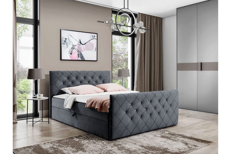 Hattie Komplett Sängpaket 140x200 cm i Sammet med Förvaring + Sänggavel + Bäddmadrass - Grå - Möbler - Säng - Sängram & sängstomme
