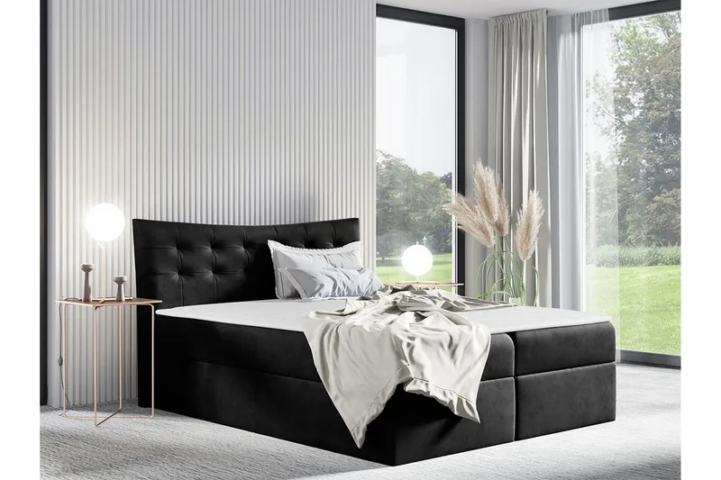 Hayton Komplett Sängpaket 120x200 cm i Sammet med Förvaring + Sänggavel + Bäddmadrass - Svart - Möbler - Säng - Sängram & sängstomme