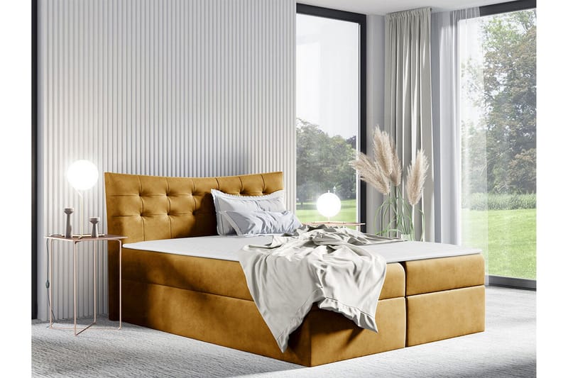 Hayton Komplett Sängpaket med Förvaring 180x200 cm i Tyg med Sänggavel + Bäddmadrass - Gul - Möbler - Säng - Sängram & sängstomme