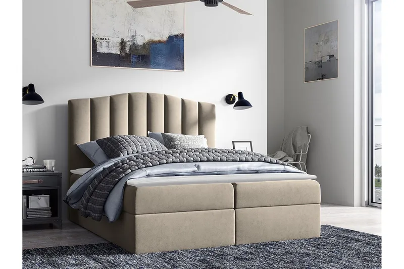Herstello Komplett Sängpaket med Förvaring 140x200 cm i Sammet med Sänggavel + Bäddmadrass - Beige - Möbler - Säng - Sängram & sängstomme
