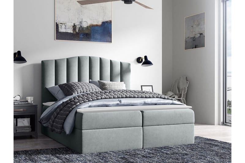 Herstello Komplett Sängpaket med Förvaring 140x200 cm i Sammet med Sänggavel + Bäddmadrass - Grå - Möbler - Säng - Sängram & sängstomme