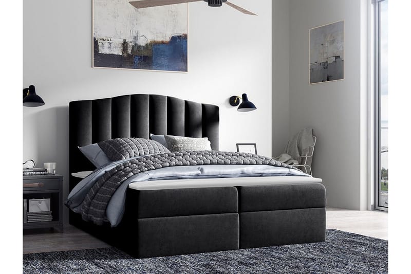 Herstello Sängram med Förvaring 160x200 cm i Tyg med Sänggavel - Svart - Möbler - Säng - Sängram & sängstomme