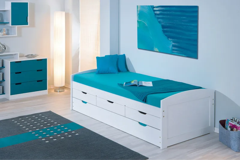 Marina Komplett Sängpaket med Förvaring 90x190 cm i Trä med Sänggavel + Bäddmadrass - Vit|Grön - Möbler - Säng - Sängram & sängstomme