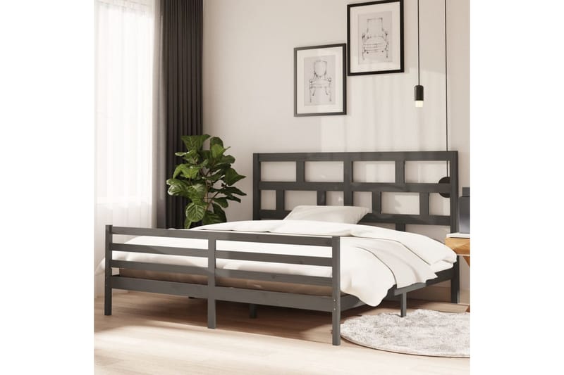 Sängram grå massivt furu 200x200 cm - Grå - Sängram & sängstomme