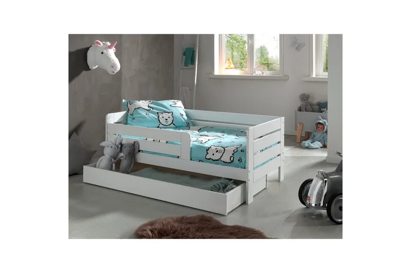 Juniorsäng med skyddsräcken och låda Peuterbed Vit - Vit - Möbler - Säng - Sängtillbehör & sänggavel - Sängförvaring
