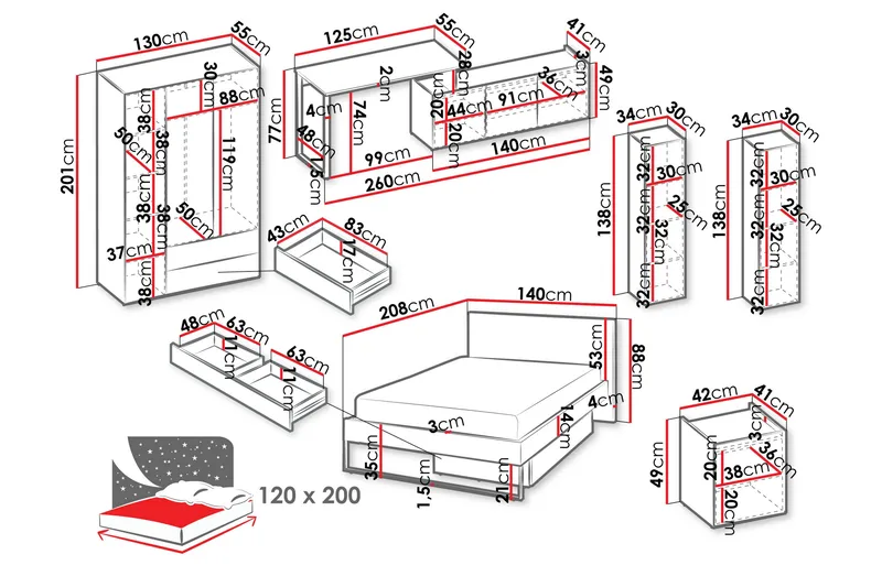 Sigmana Möbelset För Sovrum - Ljusgrå/Brun/Beige - Möbler - Säng - Möbelset för sovrum