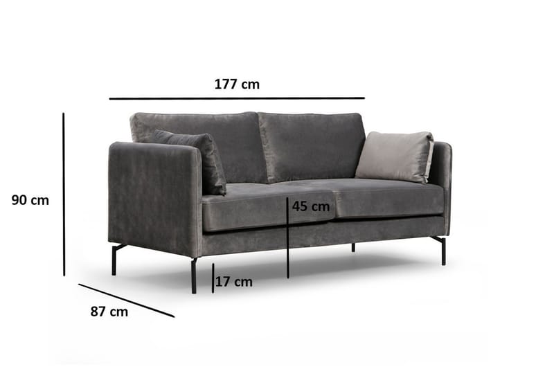Mezonzo 2-sits Sammetssoffa 177 cm med Smala Armstöd - Grå - Möbler - Soffa - 2 sits soffa