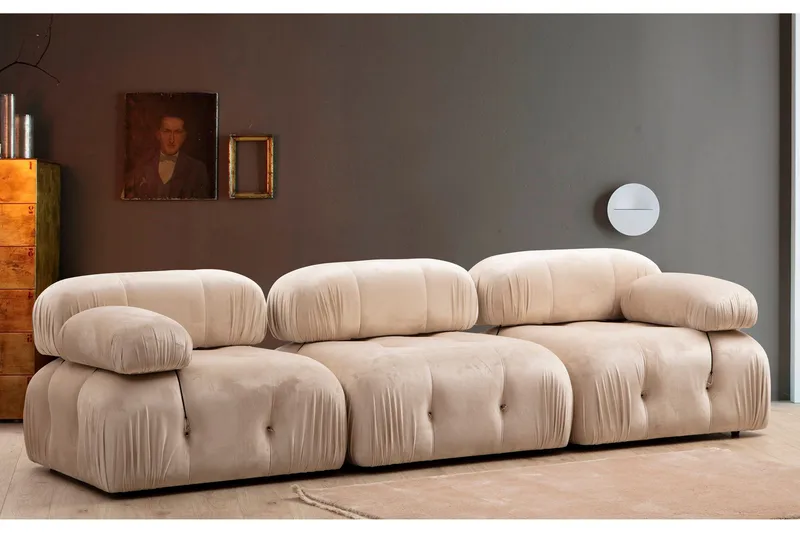 Belgin Bubblig Soffa 3-sits med fasta armstöd och repdetaljer - Beige - Möbler - Soffa - Modulsoffa - Komplett modulsoffa