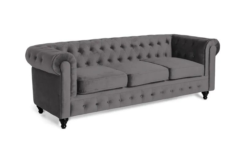 Chesterfield Lyx 3 sits Sammetssoffa - Djup soffa - Mörkgrå / Grå - Möbler - Soffa - 3 sits soffa